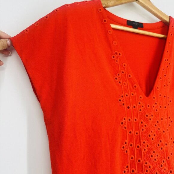 J.Crew Red V-Neck Eyelet Cap Sleeve Embroidered Cotton T-Shirt Blouse Top XS - Picture 5 of 10